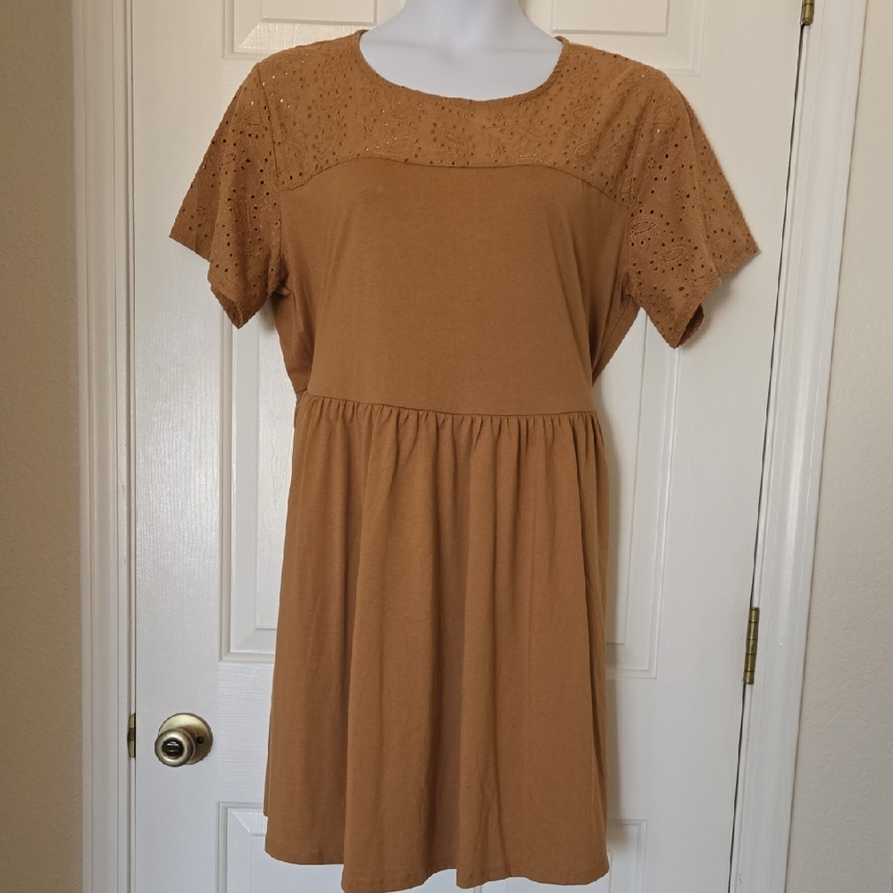 NWT torrid Mustard “Tobacco Brown”Eyelet Yoke Mini Dress | Pockets!